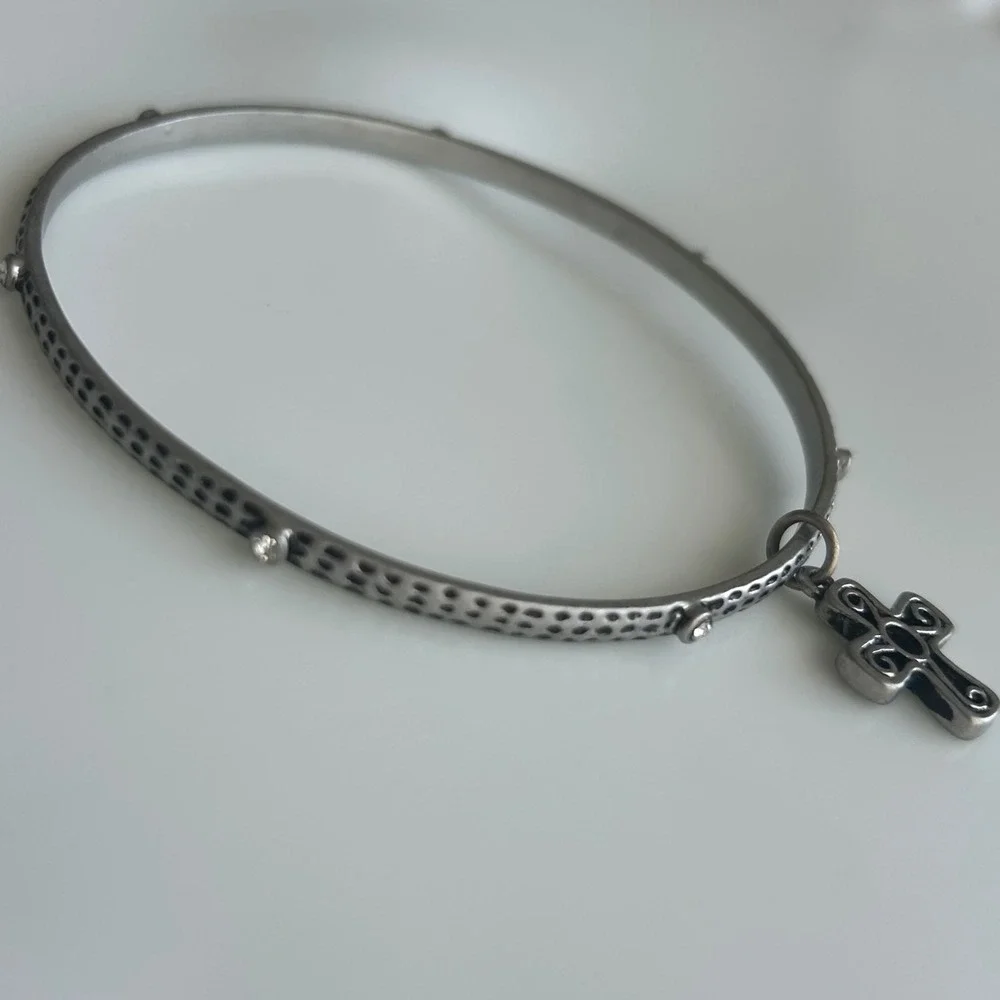 3pc Silver Tone Bangle Bracelet Set Butterfly Cross Flower Charms Textured